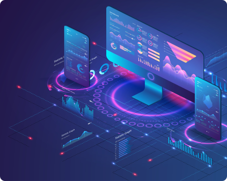 Illustration of two phones and a monitor that are connected by a circuit pattern, surrounded by various computer themed imagery.