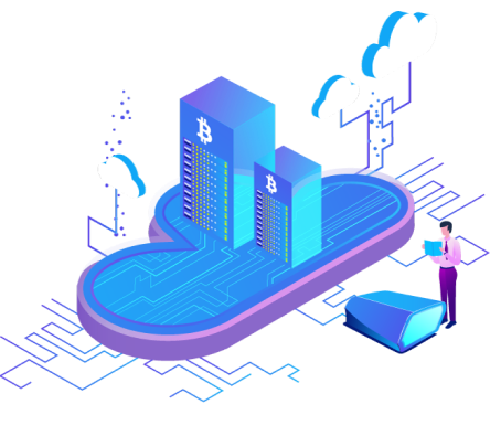 Illustration of a person on a device connected via circuit board patterns to two buildings with bank designs on them, and two clouds.